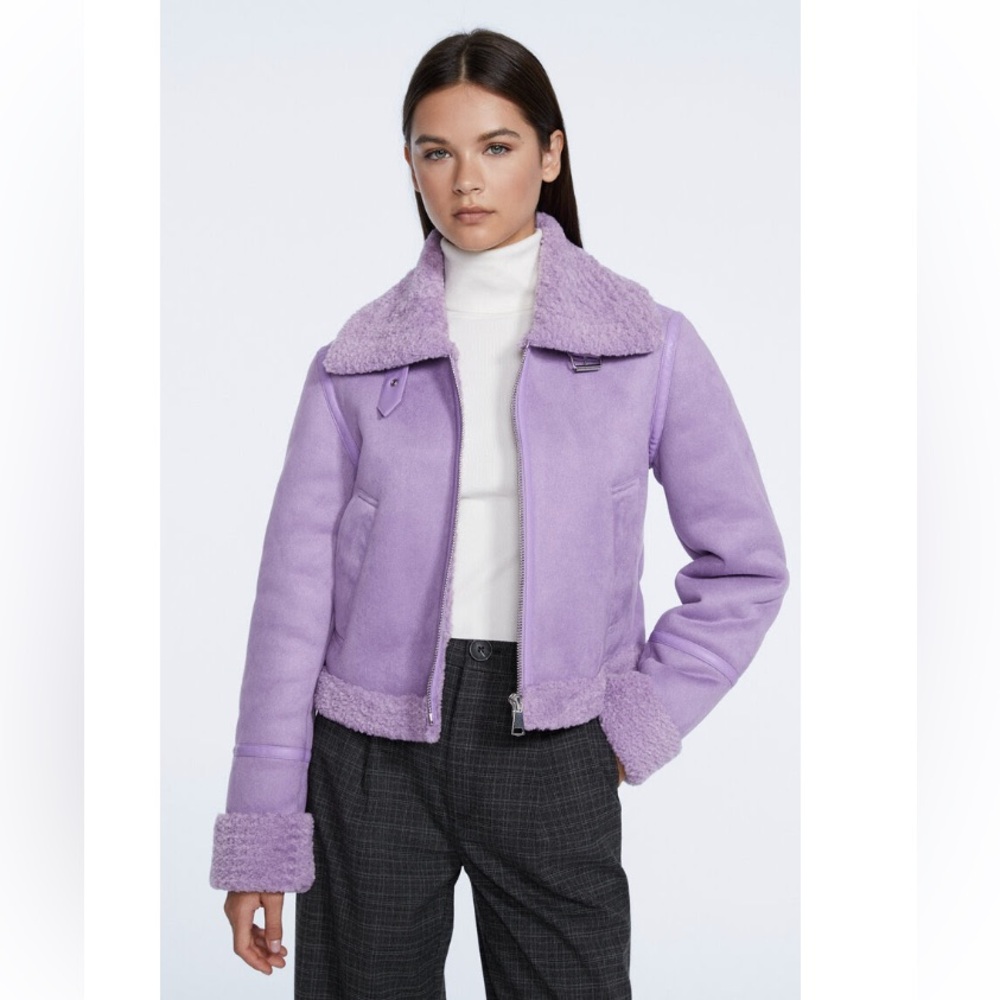 Stradivarius Faux shearling aviator jacket in Purple Lilac